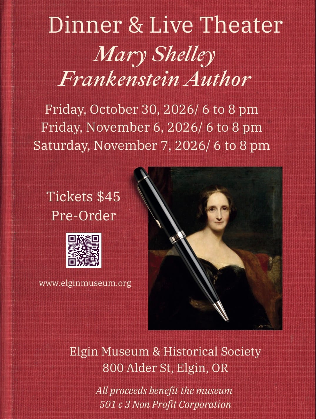 Dinner & Live Theater: Mary Shelley, Frankenstein Author — Oct. 30–Nov. 7