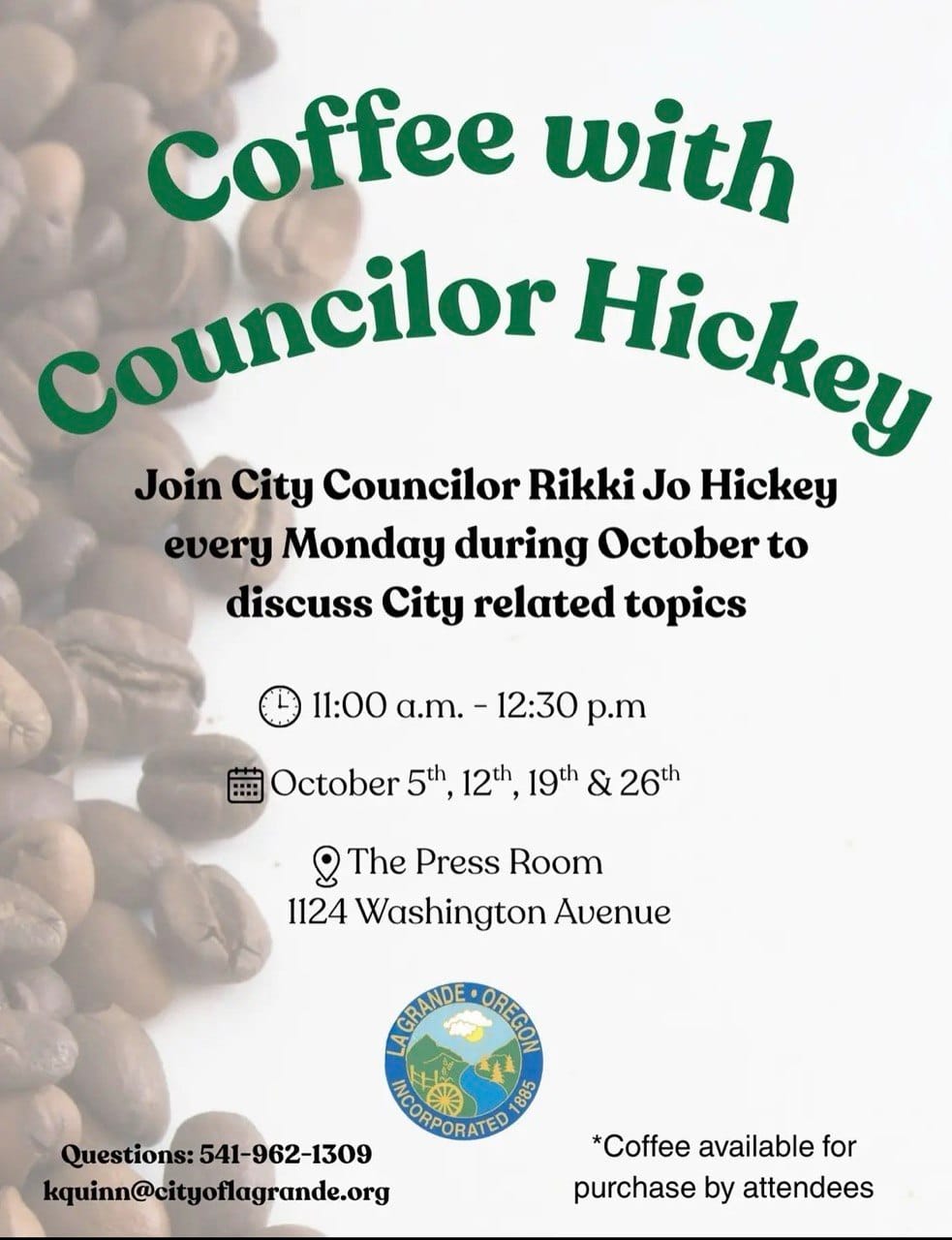 Coffee with Councilor Hickey — Oct. 5-26