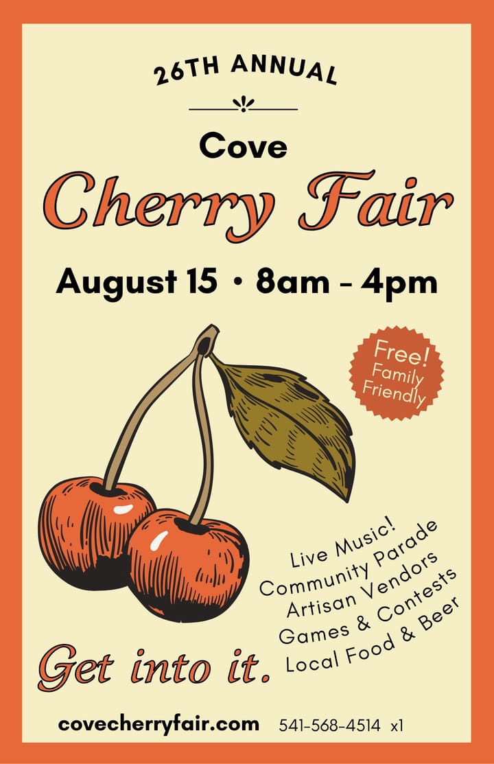 Flyer for the 26th Annual Cove Cherry Fair on August 15, featuring illustrated cherries and event details.