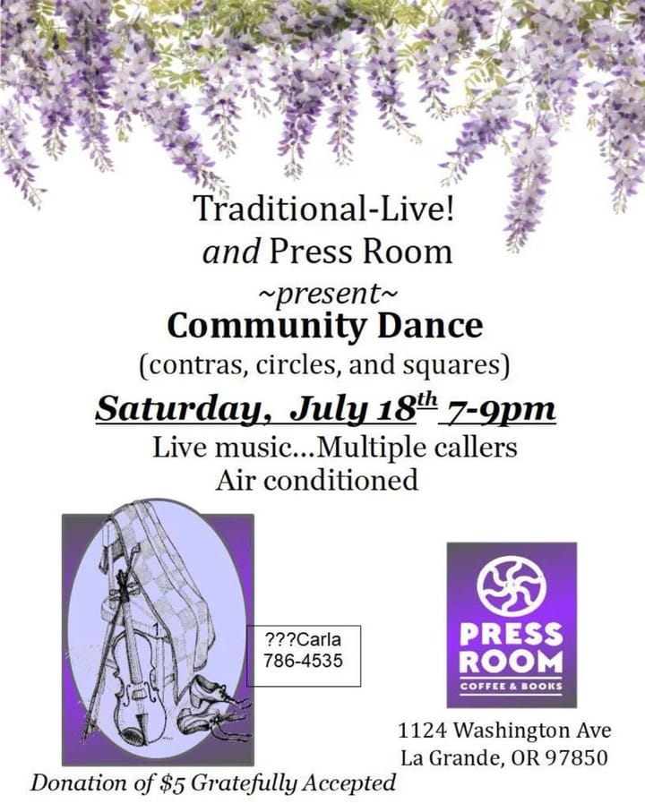 Event poster for the July 18 Community Dance at Press Room Coffee & Books, with purple floral artwork and a fiddle illustration.