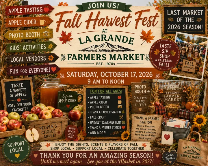 Fall Harvest Fest graphic with apples, cider and activities for the final La Grande Farmers Market of 2026