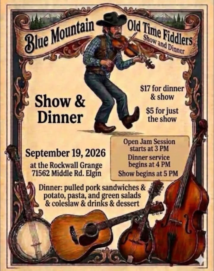 Blue Mountain Old Time Fiddlers Show and Dinner flyer with a fiddler, banjo, guitar and upright bass.