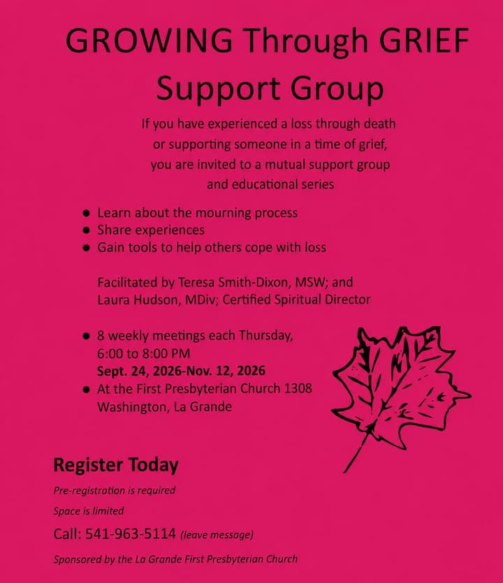 Pink flyer for the Growing Through Grief Support Group with black text and a maple leaf illustration.