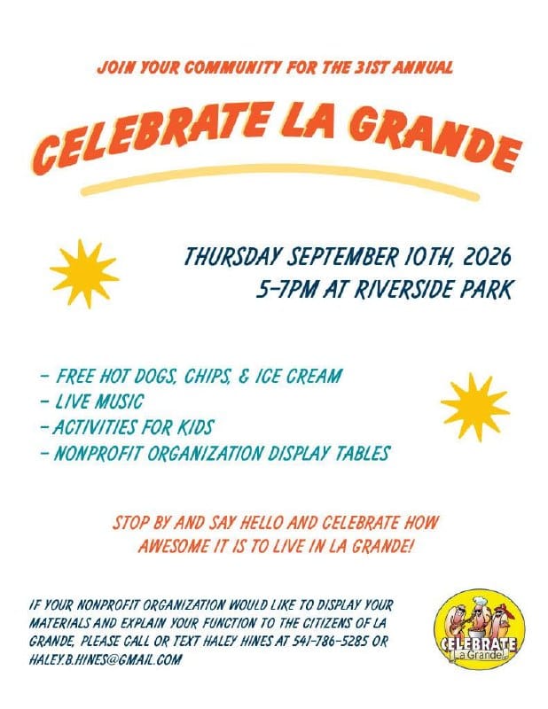 Flyer for the 31st annual Celebrate La Grande event, with orange sun graphics and illustrated community figures.