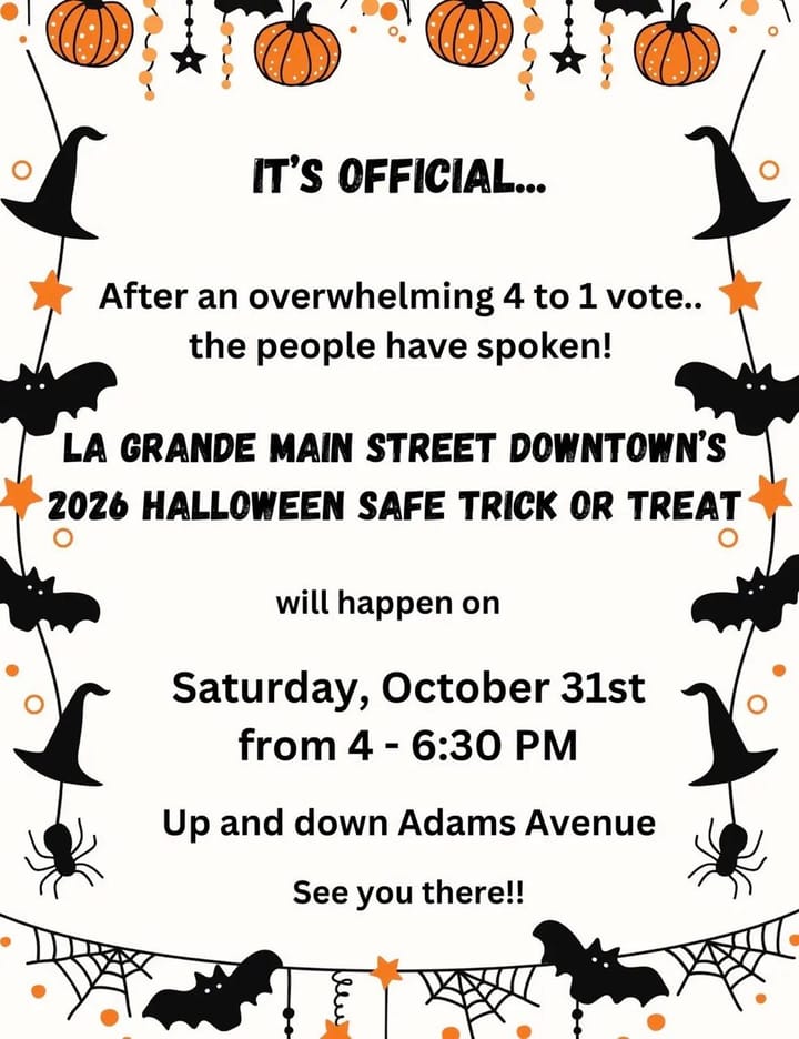 Halloween flyer for La Grande Main Street Downtown’s 2026 Safe Trick-or-Treat on Adams Avenue.