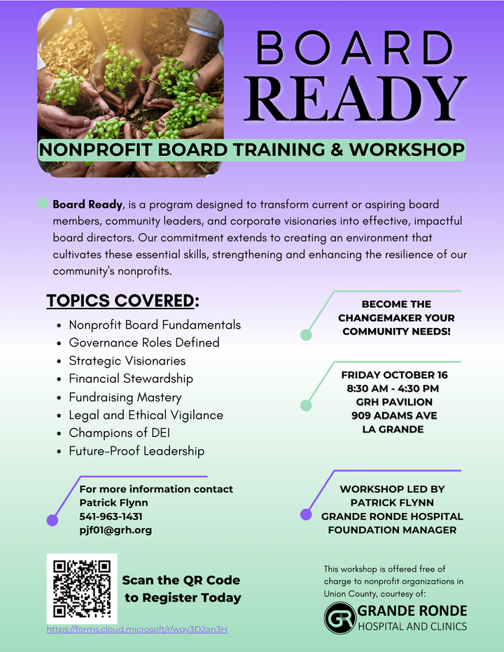 Board Ready nonprofit board training flyer with hands planting seedlings on a purple-and-mint background.