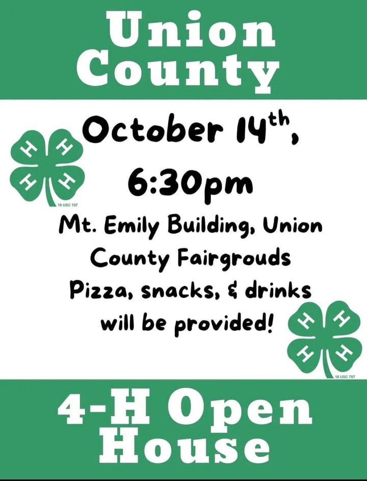 Green-and-white Union County 4-H open house flyer with event details.
