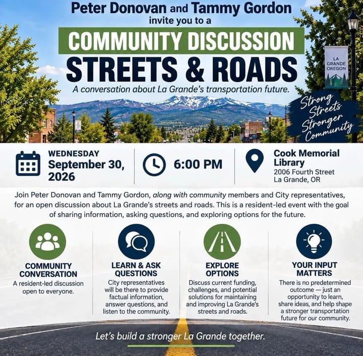 Flyer for a Sept. 30 community discussion about La Grande streets and roads at Cook Memorial Library.