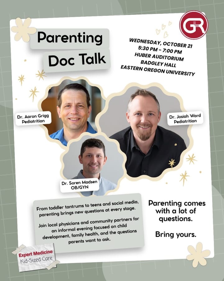 Parenting Doc Talk flyer featuring Drs. Aaron Grigg, Josiah Ward and Soren Madsen.