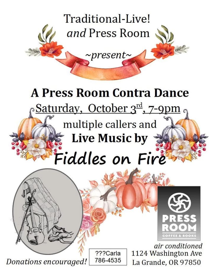 Fall-themed flyer for the Press Room Contra Dance with live music by Fiddles on Fire.