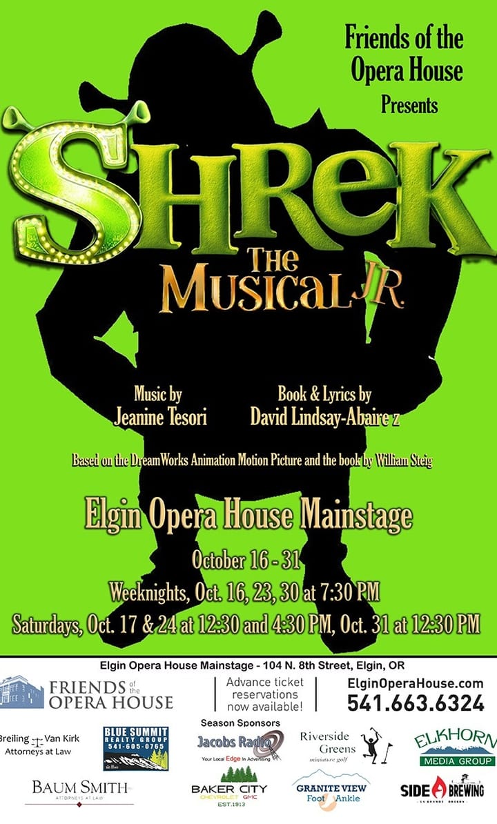 Green Shrek the Musical Jr. poster listing Oct. 16-31 performances at the Elgin Opera House Mainstage.
