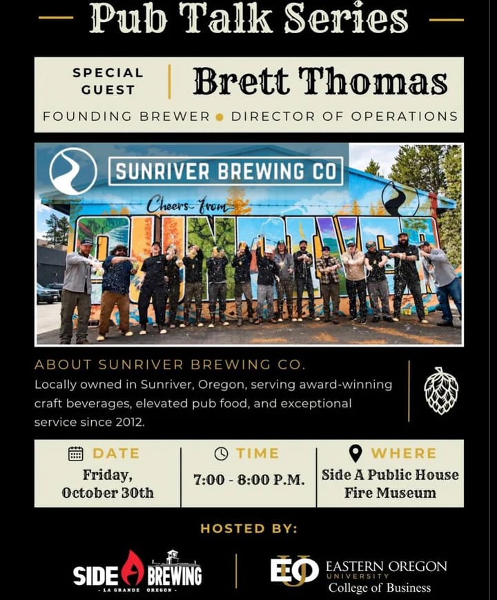Promotional flyer for Pub Talk Series featuring Brett Thomas of Sunriver Brewing Co.