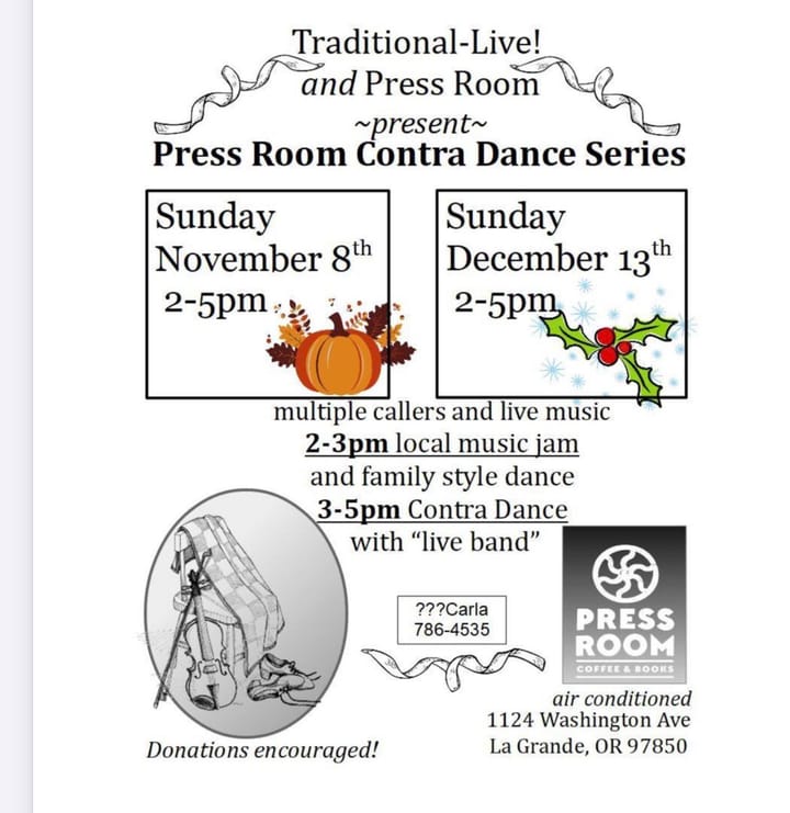 Flyer for the Press Room Contra Dance Series.
