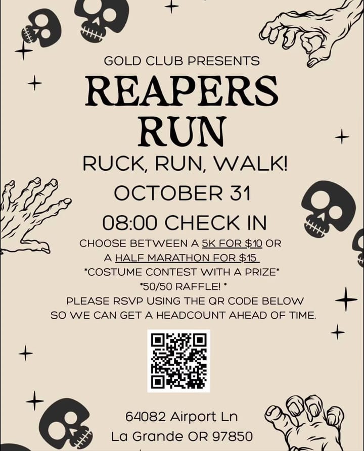 Halloween-themed flyer for the Reapers Run, presented by Gold Club, announcing an Oct. 31 ruck, run, or walk with a 5K, half marathon, costume contest, and 50/50 raffle.