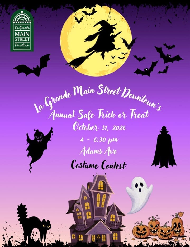 Purple Halloween poster for La Grande Main Street Downtown’s 2026 Safe Trick-or-Treat and costume contest.