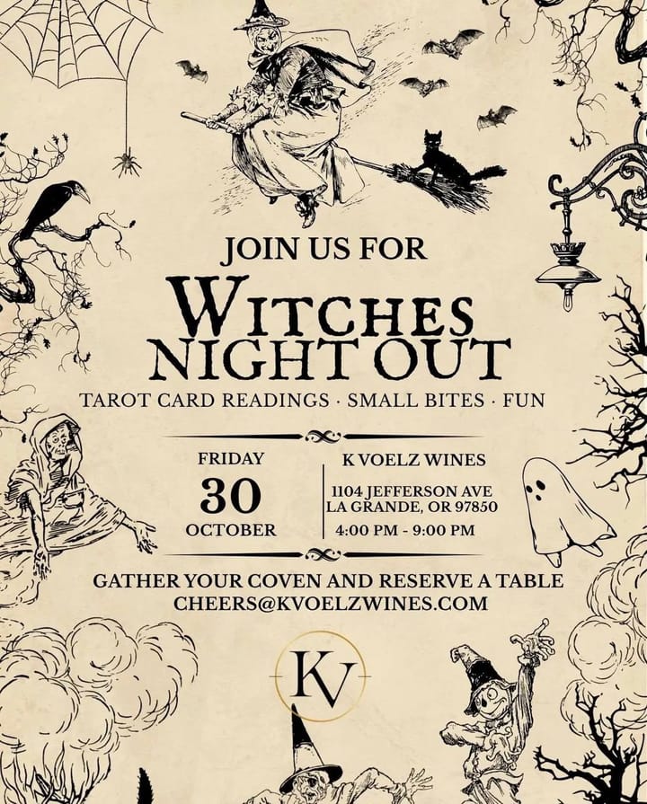 Vintage Halloween flyer for Witches Night Out at K Voelz Wines, featuring witches, ghosts, pumpkins, bats and a black cat.