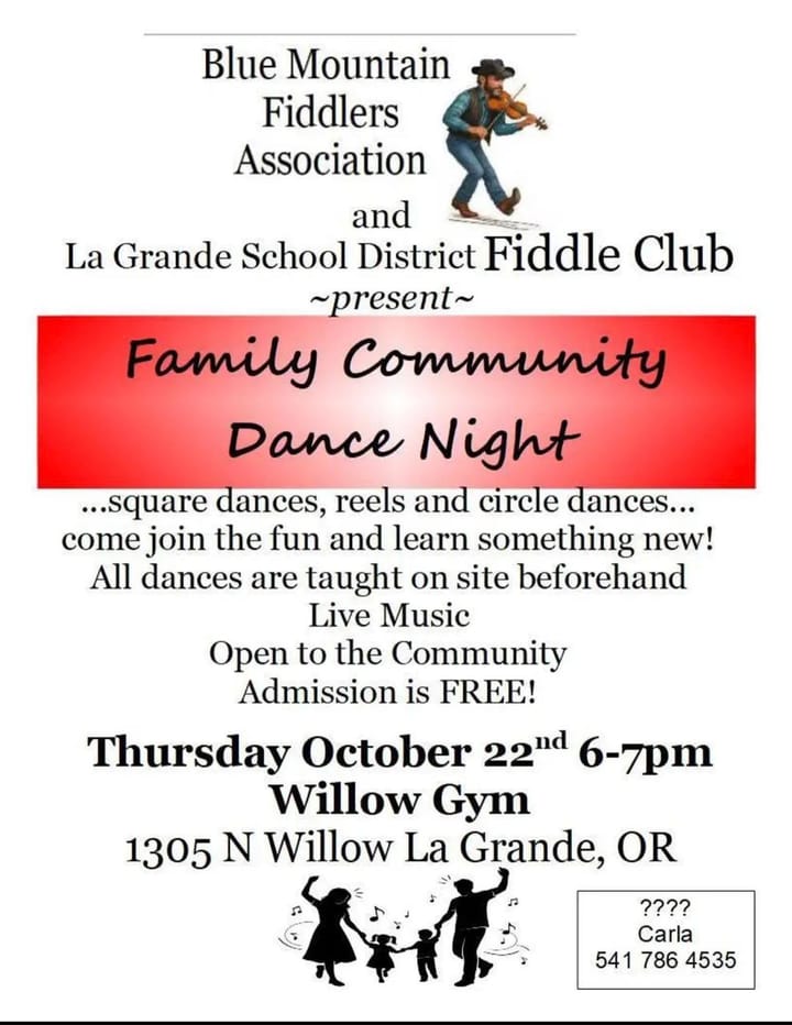 Flyer for the Family Community Dance Night with a cartoon fiddler illustration, announcing a free community dance event on Thursday, October 22, 2026, at the Willow Gym in La Grande, Oregon.