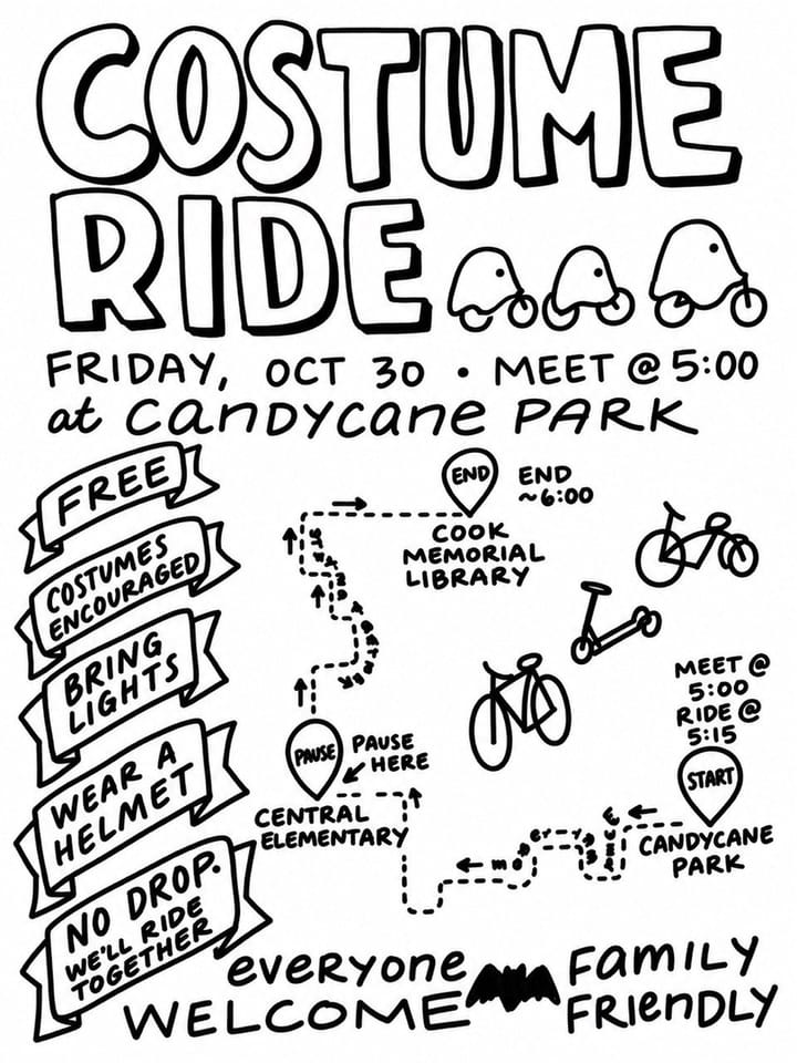 Hand-drawn flyer for a Costume Ride meeting at Candycane Park.