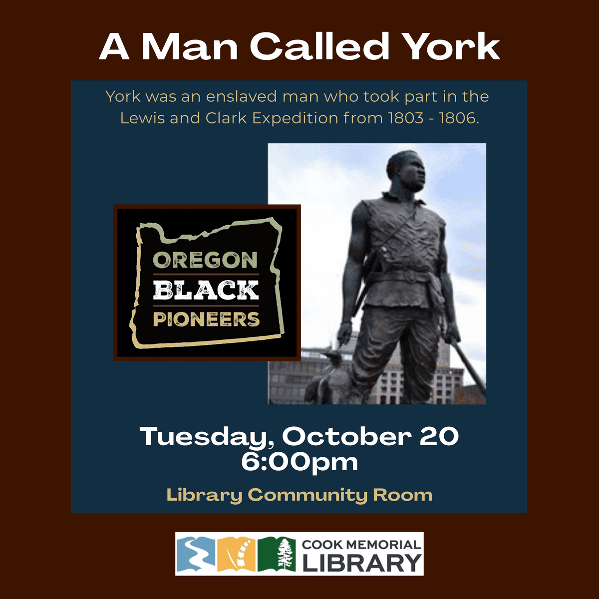 Event poster for “A Man Called York” with a photo of a York statue and the Oregon Black Pioneers logo.